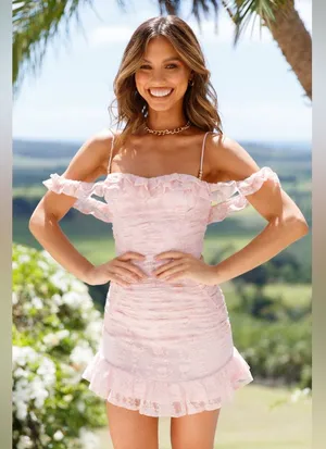 Hello Molly 🎀NWT Hello Monday Monday to Sunday Lace Off Shoulder Mini Dress in Blush Sz 8/L thumbnail 1