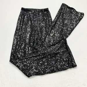 White Fox Sequin Flare Pants‎ Womens Sz S Black Sparkly Wide Leg Party Polyester thumbnail 1