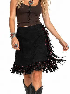 Vintage Black Suede Fringe Red Bead Western Wrap Midi Skirt L XL Cowgirl thumbnail 1