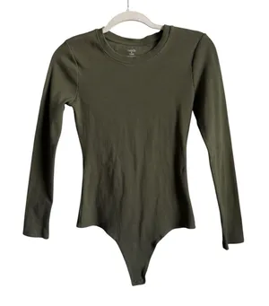 Nuuds Long Sleeve Cotton Jersey Crew Neck Thong Style Bodysuit Dark Olive Size M thumbnail 1