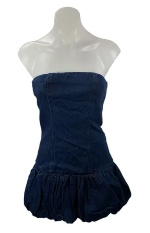 NEW PrettyLittleThing Blue Strapless Tube Bandeau Ruffle Mini Denim Jean Dress 2 thumbnail 1