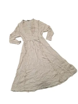 Massimo Dutti Beige Textured Long-Sleeve Midi Dress Ruffle & V-Neckline Size M thumbnail 6