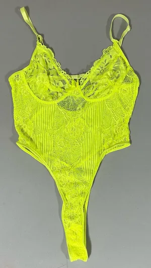 Lime Green Yellow Neon Floral Lace Underwire Teddy Onesie Playsuit Lingerie Bodysuit Size S 💚 thumbnail 1