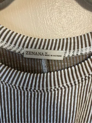 Zenana Outfitters Top Shirt Short Sleeve Oversized Stripe Brown White Medium thumbnail 4