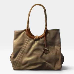 Michael Kors Metallic Canvas Tote Bag Tan Gold Braided Rope Handle Large thumbnail 3