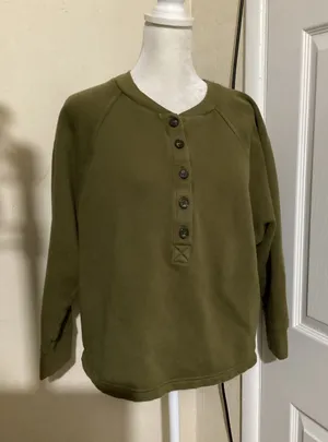 Madewell MWL Green Henley Sweatshirt Organic Cotton Blend Raglan Sleeve Small thumbnail 1