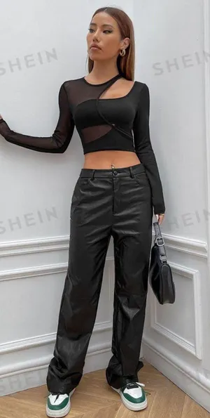 SheIn Black Asymmetrical Contrast Mesh Cut Out Crop Top thumbnail 5