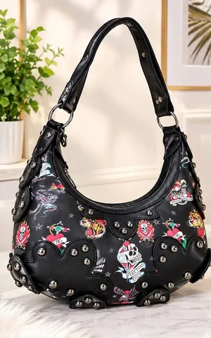 🔥 NWT Ed Hardy Y2K Tattoo Print Studded Hobo Bag Black 🖤 thumbnail 1