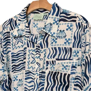 True Destinations L Blue White Nautical Hawaiian Long Sleeve Button Down Shirt thumbnail 1