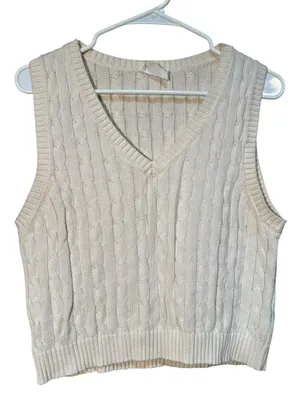 Avenu Women's Size Medium Sleeveless Sweater Vest Cream White V-Neck Cotton thumbnail 1
