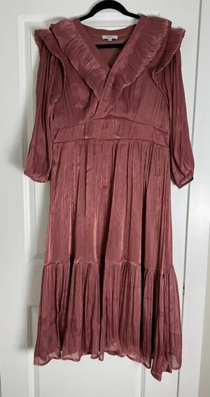 Polagram‎ Mauve Rose Pleated Metallic Ruffle Midi Dress 2XL Long Sleeve Smocked thumbnail 1