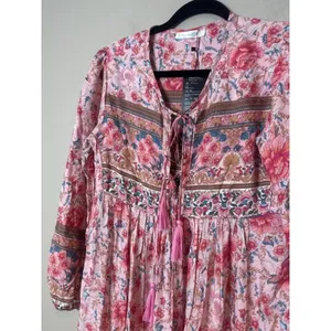 R Vivimos‎ Maxi Dress Size XS Boho Cottage Peasant Floral Pink Tassel Flowy thumbnail 2