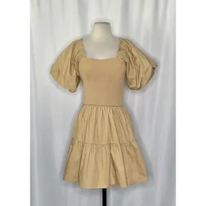 NWT! ENDLESS ROSE Mix Media Mini Dress Latte Brown Puff Sleeves Corset Bodice XS thumbnail 2
