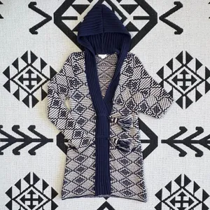 Anthropologie Fiets Voor2 Wool Blend Hooded Tassel Cardigan Sweater in Navy Beige Medium thumbnail 7