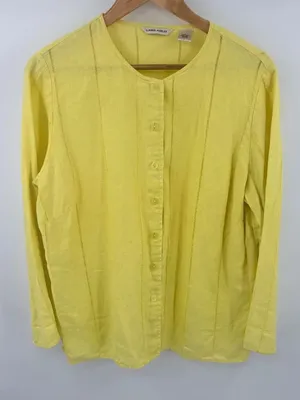 Laura Ashley butter yellow linen button up long sleeve cardigan women’s L thumbnail 1