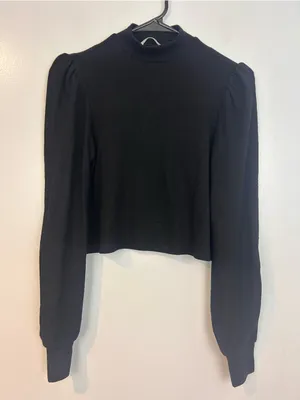 Reformation Black Mock Neck Long Puff Sleeve Cropped Sweater Super Soft Small thumbnail 2