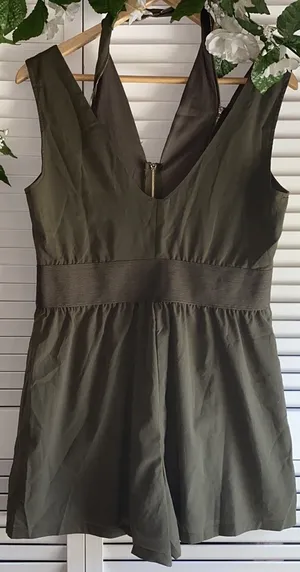 Army Green Sleeveless Romper W/ Gold Zippers thumbnail 3