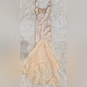 NWOT HOUSE OF CB Vittoria Champagne Chiffon Floor Length Gown sz XS thumbnail 5
