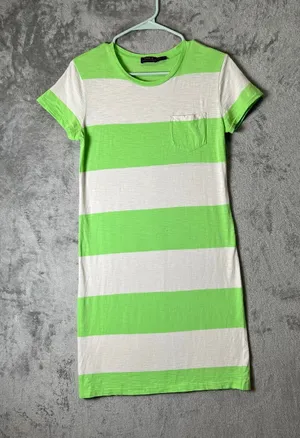 Polo Ralph Lauren Stripe T Shirt Dress Neon‎ Green White Pocket Women's Medium thumbnail 1
