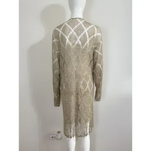 Womens Crochet Knit Cardigan Long Duster Metallic Beige Fringe Boho Cover Up L thumbnail 4