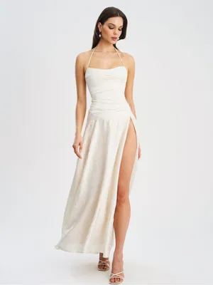 NWT Miss Circle Raegan Pearl White Jacquard Ruched Maxi Dress M thumbnail 3