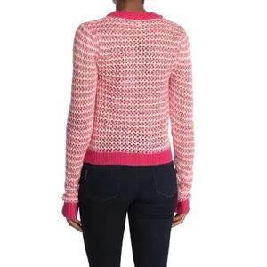 WAYF Womens Size XL Open Knit Stripe Crewneck Sweater White Pink Pullover Ribbed thumbnail 4