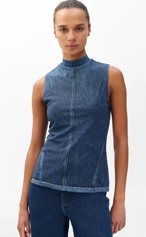 Rag & Bone Miramar Mockneck Top Petra‎ Blue Denim Print Stretch Mesh Tank S NWT thumbnail 1