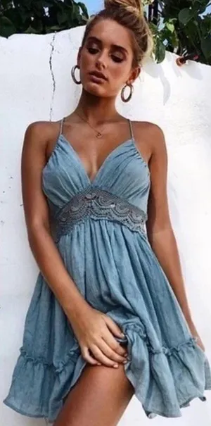 Boho Prairie Dusty Blue Crochet Backless Western Party Mini Ruffle Hem Dress M thumbnail 1