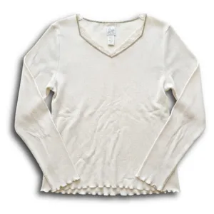 Aria Womens Cream Waffle Knit Thermal Top Lace Trim V-Neck Long Sleeve Large thumbnail 1