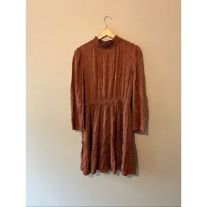 Madewell Mockneck Ruffle Hem Mini Dress Cheetah Jacquard Smocked Brown Copper M thumbnail 2