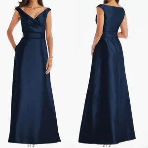 NWOT Alfred Sung Midnight Off the Shoulder Satin Gown Navy D811S 10 R thumbnail 2