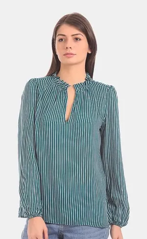 GAP Womens Green White Vertical Striped Ruffle Neck Long‎ Sleeve Blouse Size L thumbnail 1
