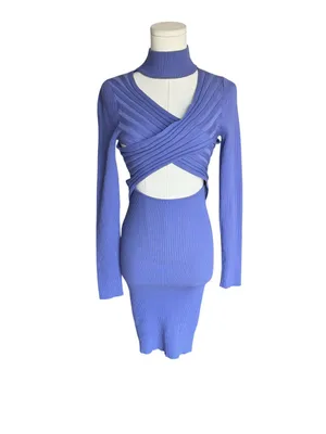 AKIRA - The Good One Cutout Cross Front Ribbed Sweater Mini Dress Purple Sz M thumbnail 3