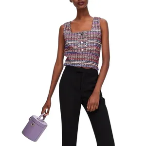 Zara Tweed Crop Tank Top Womens Medium Multicolor Plaid Button Front Square Neck thumbnail 15
