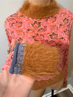 Free People Cosmo Cuff Fuzzy Furry Mesh Sheer Pink Combo Rose Long Sleeve Top XL thumbnail 6