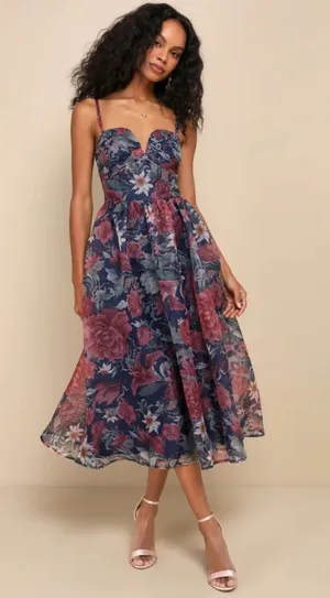 Lulus Navy Blue Floral Midi Gown Dress thumbnail 1