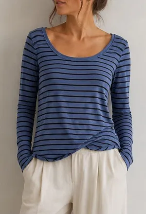 Free People Striped Blue Long Sleeve Top Size Large Shirt Boho Cotton thumbnail 1