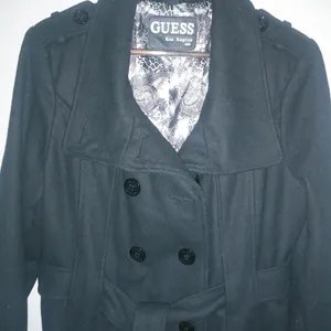 Guess L Full Length Logo Lined Pea Coat Double Breasted Belted Wool in Black thumbnail 4