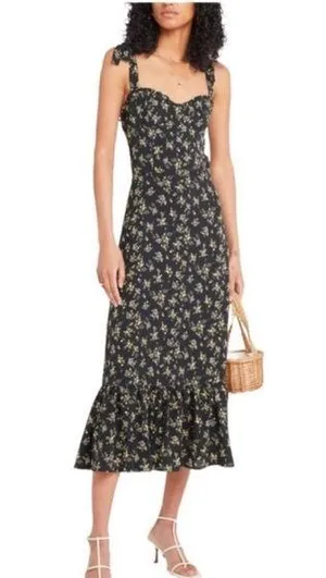 o.p.t. Toile De Jouy Midi Dress Ruffle Tie Straps Black Floral Size Large thumbnail 1