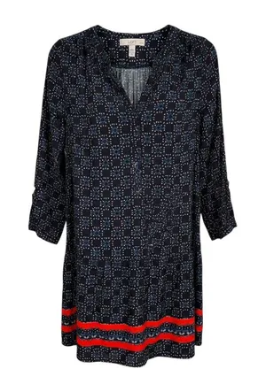 Loft Petite Navy Blue Medallion Print Shift Dress Coral Border SP Long‎ Sleeve thumbnail 1