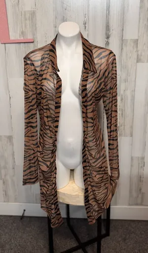 Wild Fable Tiger Zebra Striped Sheer Mesh Duster Cardigan Womens Large Brown thumbnail 1