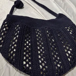 Navy Gold Metallic Crochet Shoulder Bag Open Knit Hobo Purse Boho Y2K Slouchy Ha thumbnail 6