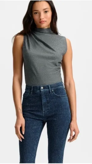 Veronica Beard Mylie Sleeveless Ruched Wool Blend Top Heather Gray Large thumbnail 1