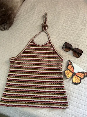American Eagle retro multi color striped cotton halter top L thumbnail 1
