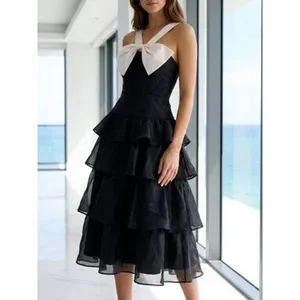 NEW Lulus Black Glamour Organza Tiered Cream Oversized Bow Midi Cocktail Dress thumbnail 5