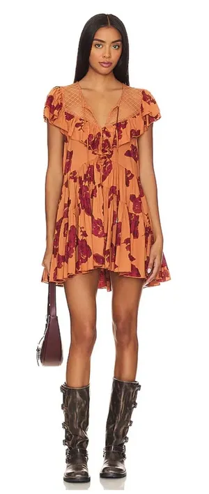 Free‎ People Tilly Printed Tunic Dress Medium Orange Floral Ruffle Boho Mini thumbnail 1