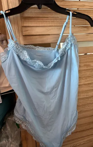 Light Blue Lace Trim Junior Camisole Thong Style Bodysuit Medium NWOT thumbnail 1