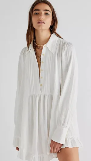 FREE PEOPLE Love Me Truly White Cotton Long Sleeve Tunic Top Mini Dress thumbnail 1