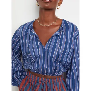 NATALIE MARTIN Amelia Top Batik Stripe Navy Cotton Tassel Tie Blouse Top Small thumbnail 5