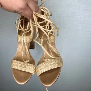 Schutz Natural Woven Raffia Lace Up Block Heel Sandals Tan Size 37 EU 7 US thumbnail 2